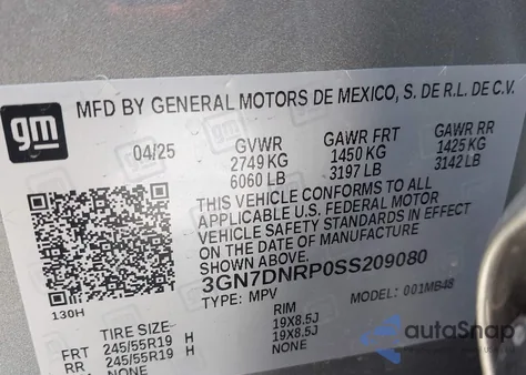 2025 Chevrolet Equinox Ev Lt2 W/Pde z USA, uszkodzony, nr VIN 3GN7DNRP0SS209080